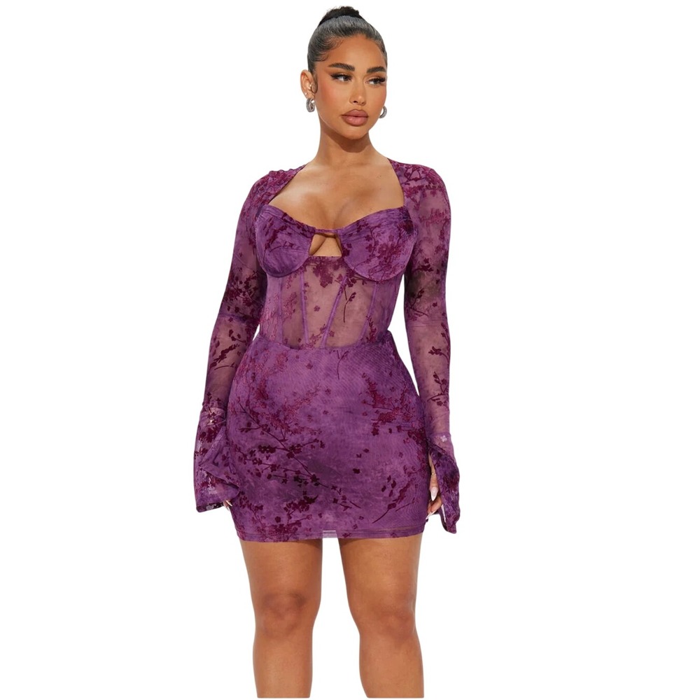 Fashion Nova Riley Mesh Babydoll Corset Dress XL Velvet Floral Fairy Whimsigoth